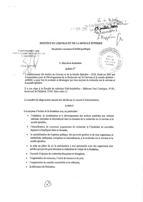 Page de garde des statuts de l'Institut du Cerveau