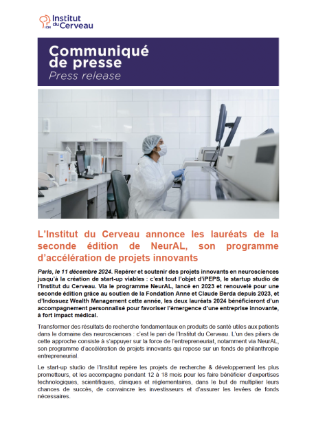 Première page du CP L’Institut du Cerveau annonce les lauréats de la seconde édition de NeurAL, son programme d’accélération de projets innovants 