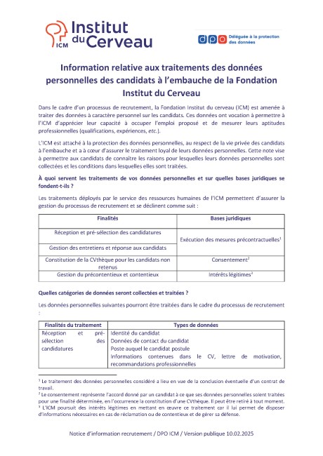 Premiere page du fichier Information relative aux traitements des données personnelles des candidats à l’embauche de la Fondation Institut du Cerveau 