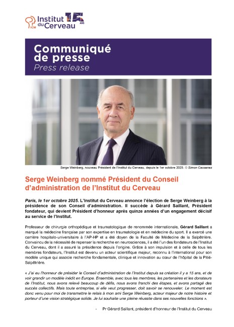 Serge Weinberg nommé Président du Conseil d’administration de l’Institut du Cerveau